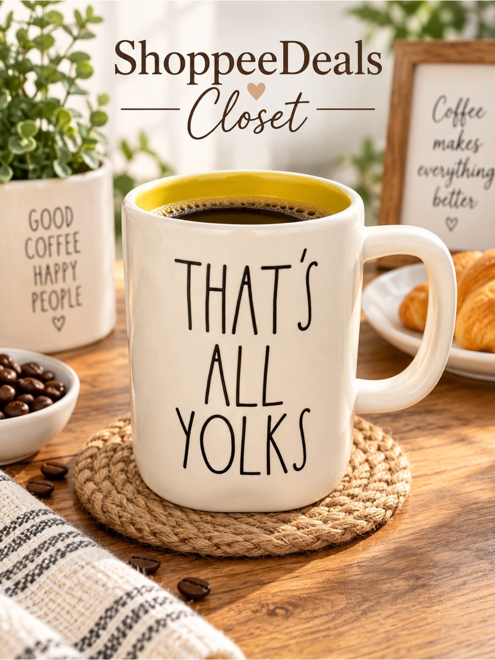 Rae Dunn “That’s All Yolks” Ceramic LL Coffee Mug 16 oz Yellow Interior